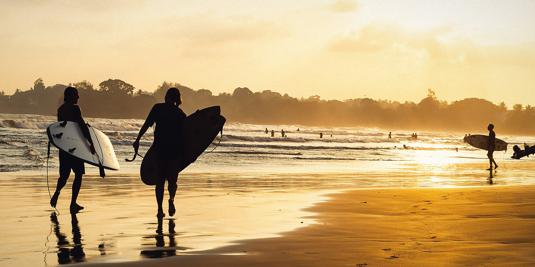 Surfers walking the shoreline at golden hour, boards under their arms
